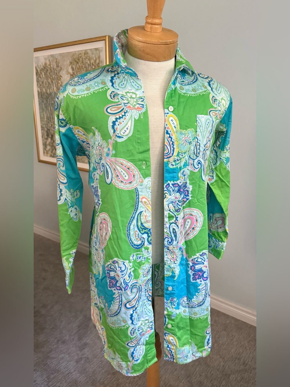 Lauren Ralph Lauren Paisley Button Front Tunic Shirt Green Blue Small